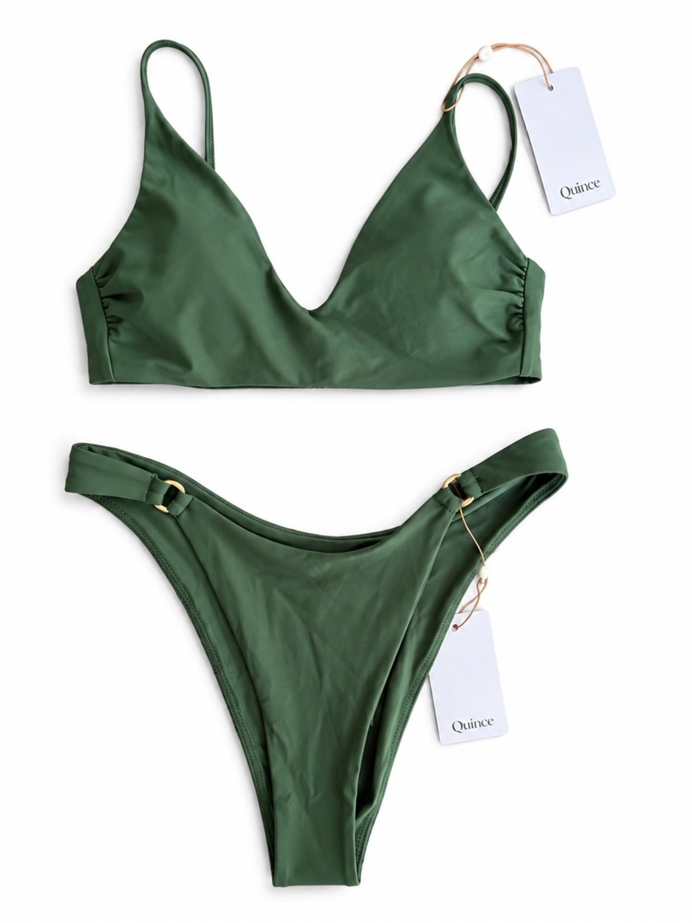 Quince NWT Italian V-Neck Bikini Top and Gold Ring High-Leg Bottom Small Green